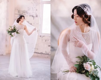 Juliet Cap Veil met bloemenkant, vintage bruidssluier, 150 cm