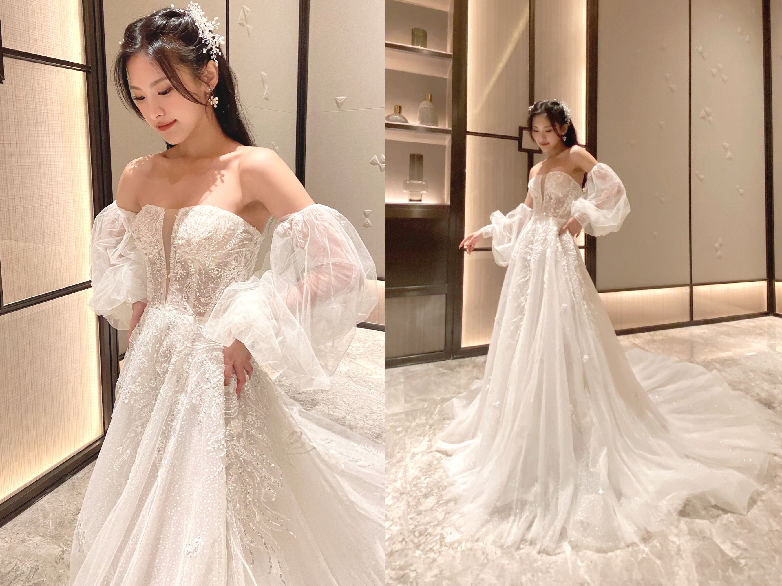 Fairy Detachable Puffy Sleeves A Line Beaded Tulle Wedding Dress - Etsy
