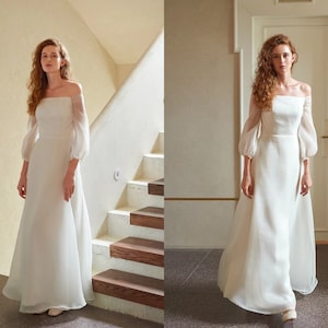 3/4 Sleeves Minimalist Wedding Dress, Simple Wedding Dress, Boho Wedding Gown, City Hall Wedding Dress, Hen Party White Dress