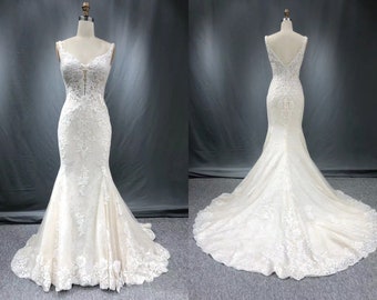 Lace Mermaid Sleeveless Wedding Dress, Boho Bridal Dress, Sweetheart Bodice Wedding Gown, Classic Lace Wedding Dress, Elopement Dress