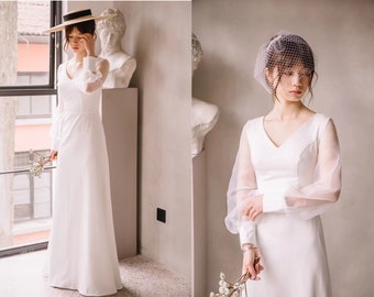 Minimalistische satijnen trouwjurk, chiffon mouwen, elegante bruidsjurk