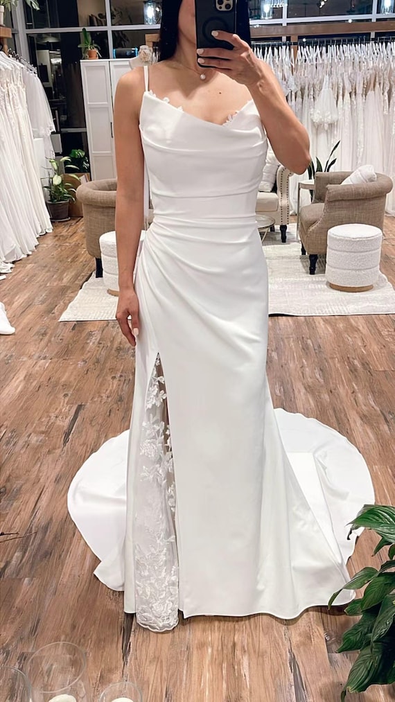 Cowl Satin Spaghetti Straps Wedding Dress with Lace Detail Cowl Satin Spaghetti Straps Wedding Dress with Lace Detail