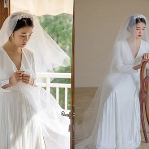 Two Layer Chapel Veil, Ceramic Flower Veil, Dreamy Veil, Wedding Veil, Bridal Veil, Unique Veil, Bridal Headpiece