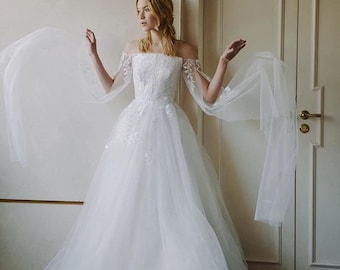 Ethereal floral embroidered wedding dress, bridal dress, off the shoulder lace bridal gown, tulle wedding gown, Boho A-line dress