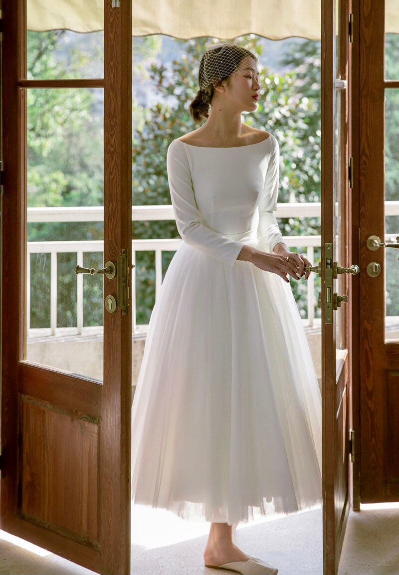 Wedding Dress Long Sleeve Tea Length 