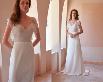 Boho Wedding Dress, Minimalist Wedding Gown, Lace Wedding Dress, Reception Dress, Simple Bridal Dress