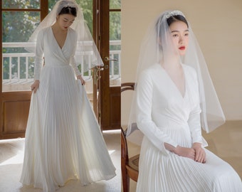 Long Sleeve Simple Wedding Dress, Elegant Bridal Gown, Minimalist White Gown, Modest Wedding Dress, A Line Bridal Dress