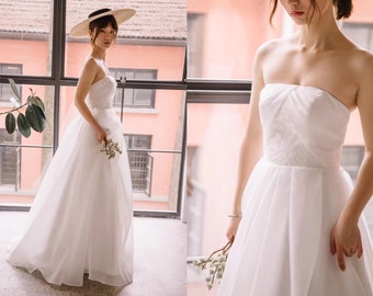 Sleeveless Organza Wedding Dress with Floral Lace, Strapless Corset, A-Line