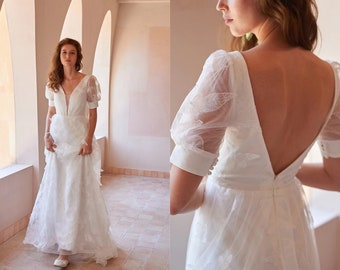 Puff Short Sleeves Wedding Dress, Boho Lace Bridal Dress, Simple Wedding Dress, A Line Floral Wedding Gown, City Wedding Dress