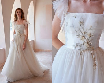 Whimsical Tulle Wedding Dress, Fairy Wedding Dress, Boho Wedding Dress, Embroidered Wedding Dress, Nontraditional Wedding Gown