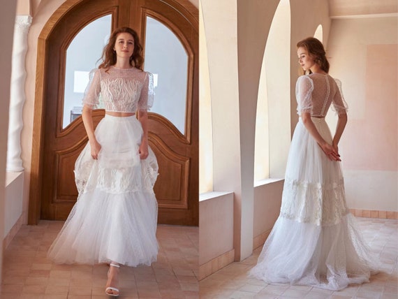 Two Piece Wedding Dress, Boho Wedding Dress, Nontraditional Wedding Dress, Unique Embroidered Wedding Dress, Engagement Dress