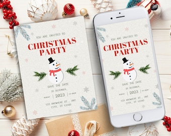 Retrato de invitación de fiesta de Navidad de muñeco de nieve, invitación de árboles navideños de árboles de Navidad, invitación de Navidad imprimible de descarga instantánea