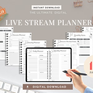 Könnte beinhalten: Ein digitaler Planer für Livestreamer mit über 10 Seiten. Der Planer enthält Abschnitte für soziale Medien, Stream-Planung, Wohltätigkeit, Tages- und Wochenplanung. Der Planer ist in einem modernen, minimalistischen Stil mit schwarzen und weißen geometrischen Formen gestaltet.