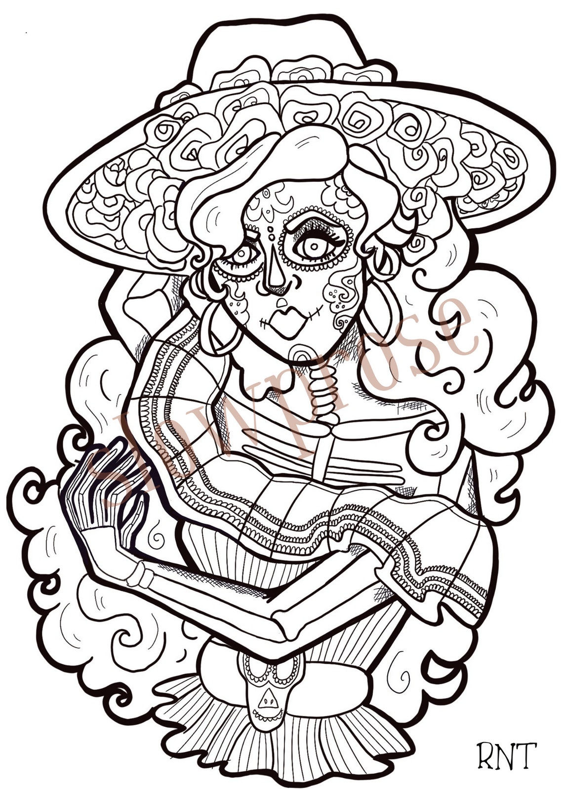 Printable Day of the Dead Woman Coloring Page for Adults Dia De Los Muertos La Catrina Mexican