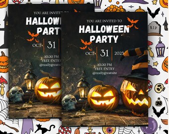 Black Orange Modern Halloween Party Invitation Flyer, Halloween Invitation Template Digital Costumes Invite for Phone, Electronic