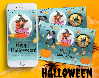 Tarjeta de invitación de Halloween para niños, plantilla de invitación de Halloween, disfraces digitales, invitación para teléfono, tarjeta electrónica de Halloween