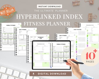 Planificador de fitness digital Diario Pérdida de peso Seguimiento de entrenamiento Libro planificador Tableta iPad con hipervínculo Plantilla Android Notabilidad GoodNotes