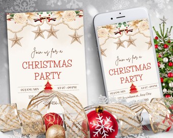 Documento de invitación a la fiesta de Navidad moderna en crema, invitación a los árboles navideños de los árboles de Navidad, invitación de Navidad imprimible de descarga instantánea