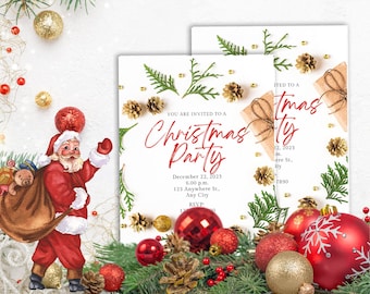 Invitación de fiesta de Navidad floral mínima dorada, verde, invitación de árboles navideños, invitación de Navidad imprimible de descarga instantánea