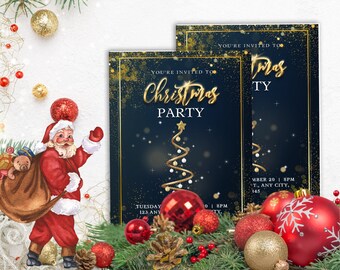 Fiesta de Navidad minimalista verde y dorado pdf, invitación de árboles navideños, descarga instantánea de invitación de Navidad imprimible