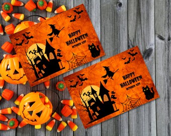 Tarjeta de feliz Halloween de color naranja, plantilla de invitación de Halloween, disfraces digitales, invitación para teléfono, electrónico