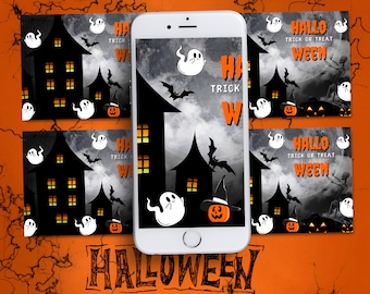 Tarjeta de Halloween espeluznante negra, plantilla de invitación de Halloween, disfraces digitales, invitación para teléfono, electrónico