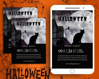 Black And White Halloween Invitation, Halloween Invitation Template Digital Costumes and Cocktails Invite for Phone, Electronic