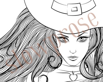 Printable Witch Coloring Page For Adults | Fantasy Coloring Page | Pagan | Wiccan Art | Halloween | Grayscale | Hand Drawn | Three Sizes