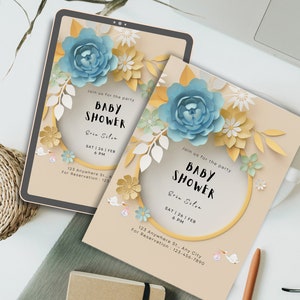 Amarelo floresce chá de fraldas Invitation.pdf, anúncio de nascimento moderno | Cartão de anúncio de bebê com foto elegante, Canva