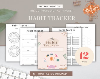 Puede incluir: Un planificador de hábitos digital imprimible de 12 páginas. La portada presenta un fondo rosa con una mujer meditando y una variedad de ilustraciones coloridas. El texto "the Habit Trackers" está escrito en una fuente marrón.