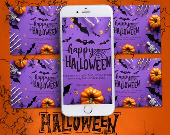 Tarjeta de felicitación de Halloween con foto juguetona moderna de color morado y naranja, plantilla de invitación de Halloween, disfraces digitales, invitación para teléfono, electrónico