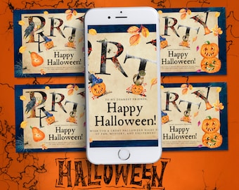 Fiesta para niños Acuarela Juguetona Tarjeta de felicitación de Halloween, Plantilla de invitación de Halloween Disfraces digitales Invitación para teléfono, Tarjeta electrónica