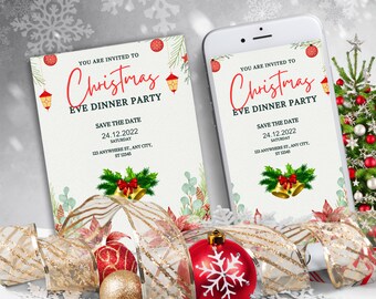 Invitación a la cena de Nochebuena moderna verde y roja, invitación navideña, invitación de Navidad imprimible de descarga instantánea