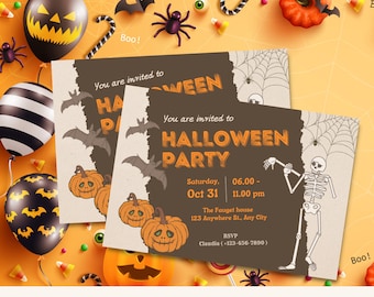 Brown orange cute spooky halloween party invitation, Halloween Invitation Template Digital Costumes Invite for Phone, Electronic