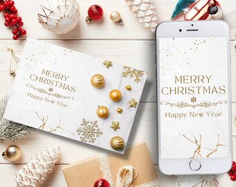 Tarjeta de Navidad con foto en crema y oro, plantilla de tarjeta de felicitación de agradecimiento de Navidad, tarjeta electrónica, tarjeta de felicitación de Navidad editable