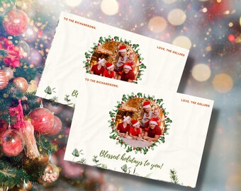Tarjeta de Navidad con foto floral verde y roja, plantilla de tarjeta de felicitación de agradecimiento de Navidad, tarjeta de agradecimiento, tarjeta de felicitación de Navidad editable