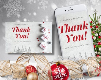 Regalos grises y blancos Tarjeta de agradecimiento de Navidad, Plantilla de tarjeta de felicitación de agradecimiento de Navidad, Tarjeta electrónica, Tarjeta de felicitación de Navidad editable