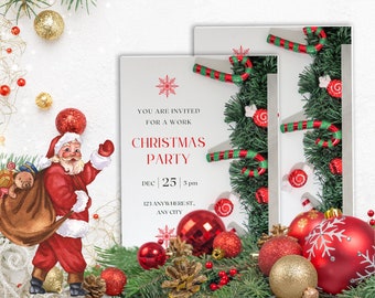 Invitación de fiesta de Navidad moderna verde rojo, invitación de árboles navideños de árboles de Navidad, invitación de Navidad imprimible de descarga instantánea