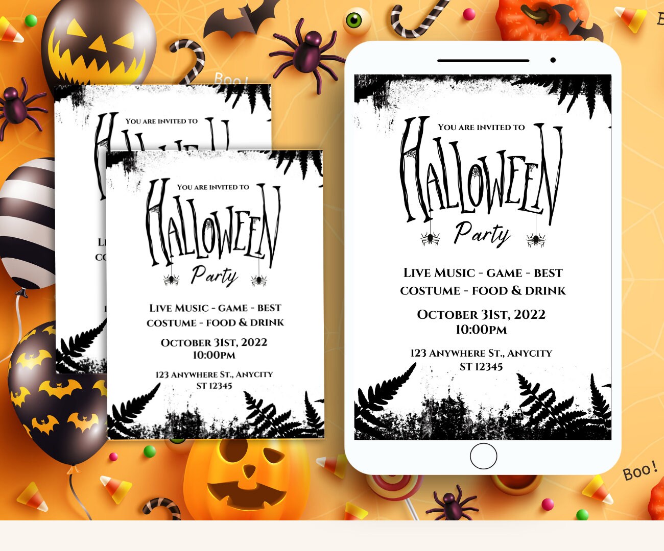Black and White Modern Halloween Party Invitation, Halloween Invitation Template Digital Costumes and Cocktails Invite for Phone, Electronic