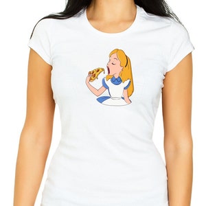 Alice in Wonderland Eating Pizza Disney Short Sleeve White Men's T Shirt C039