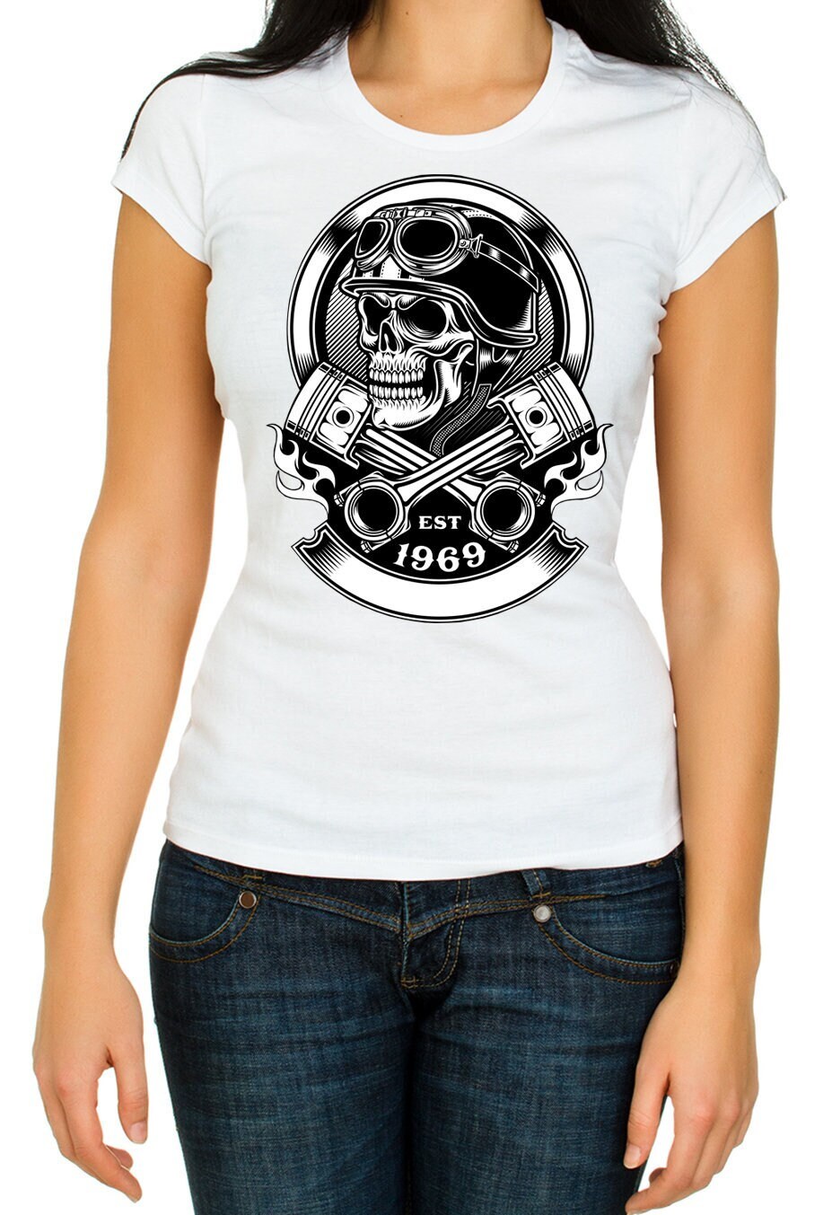 Est 1969 Skull Motorcycle Short Sleeve White Men's t Shirt K1014 