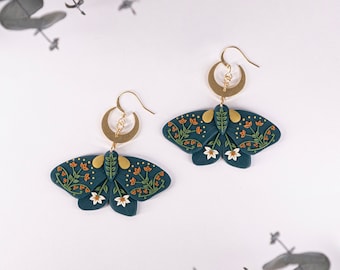 Handmade Polymer Clay Butterfly Earrings: Folk Floral Design Moth Earrings