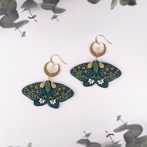 Handmade Polymer Clay Butterfly Earrings: Folk Floral Design Moth Earrings