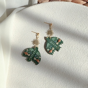 Floral Bird Polymer Clay Earrings: Handmade Folk Art Jewelry