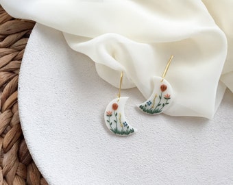 Floral Moon Earrings | Polymer Clay Earrings | Spring Summer Earrings | Handmade Earrings | Clay Jewelry | Bohemian Clay Earrings |