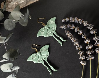 Handmade Luna Moth Earrings: Botanical Polymer Clay Jewelry
