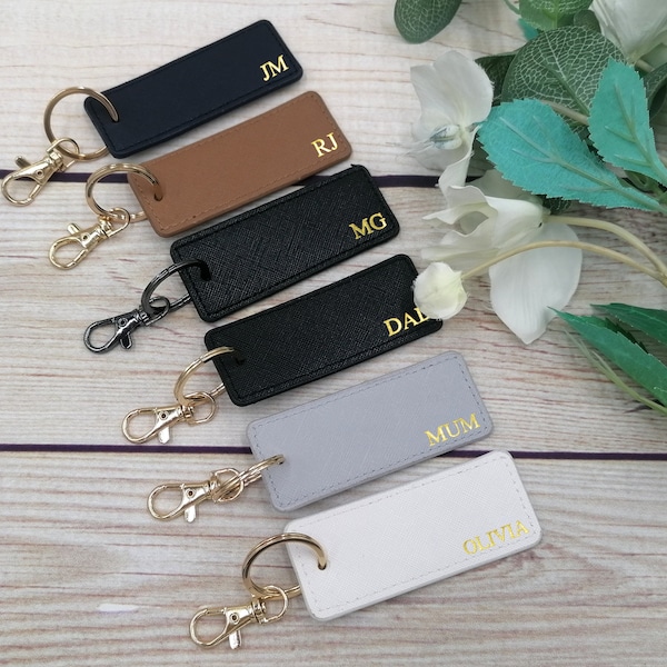 Custom Vegan Leather Keyring - Personalized Gift for Her, Rectangle Shaped Keychain PU Saffiano Leather Boutique Keyclip, Gift for Mum