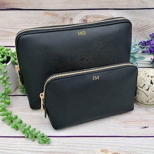 Ladies Black Vegan Leather Bag - Monogram Personalised Makeup Accessory Bag - Birthday Gift for Her - Gift Ideas