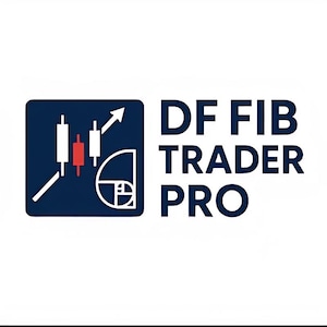 May include: The DF FIB TRADER PRO logo displays a dark blue square with white and red candlestick chart icons, an upward-pointing arrow, and a white Fibonacci spiral. The text "DF FIB TRADER PRO" is in bold, dark blue letters.