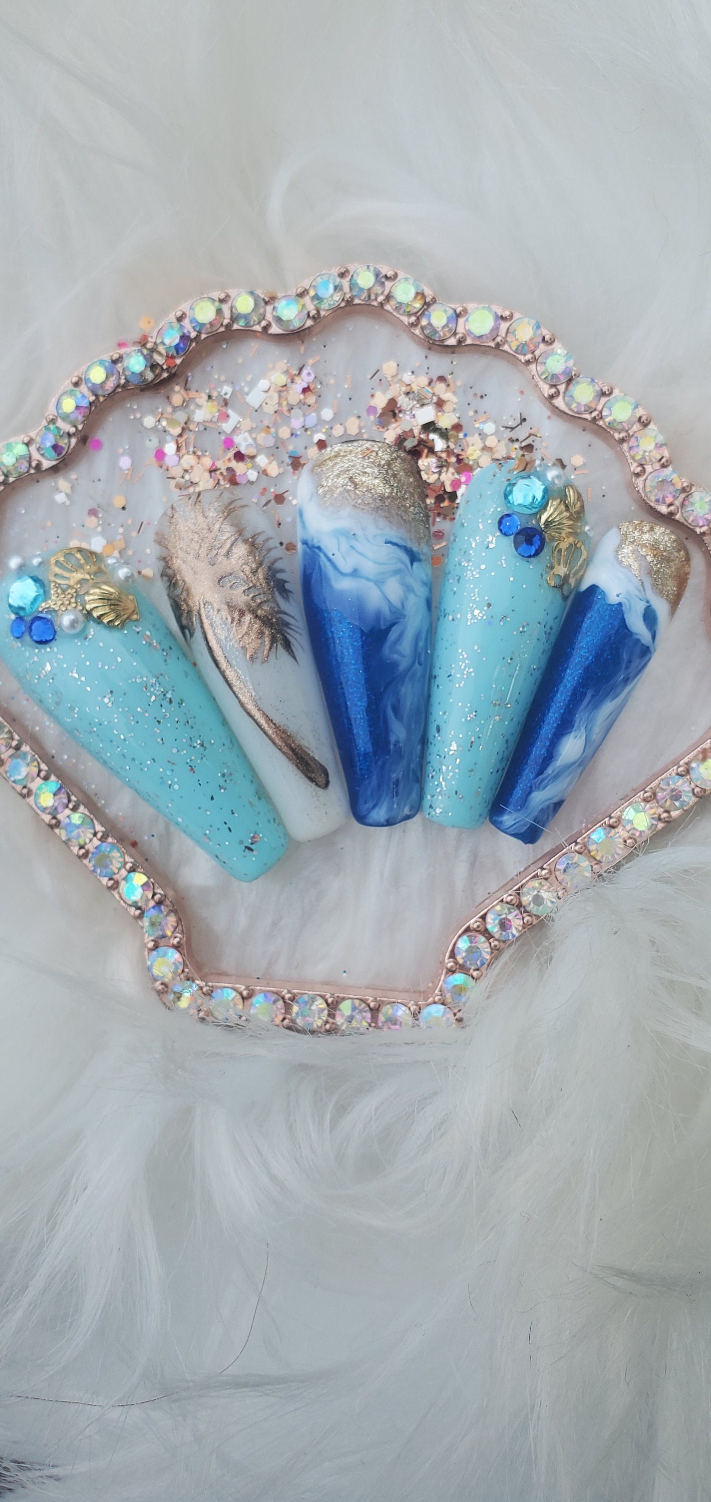 Tropical Beach Water Long Coffin Luxury Press-On Nail Set "Beach Vibes"